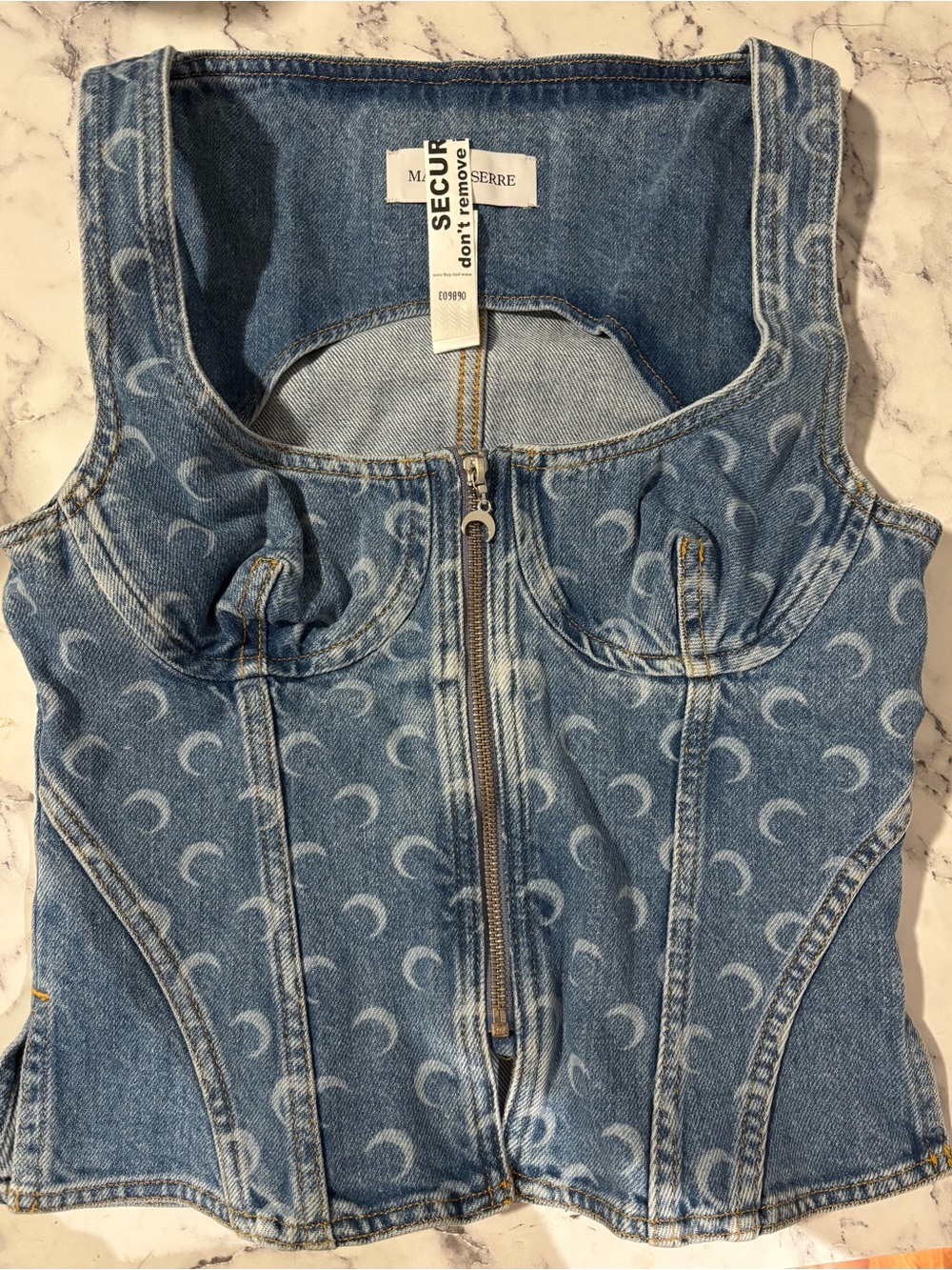 Marine Serre Blue Denim Moon-Print Zip Corset Top - Picture 3 of 4